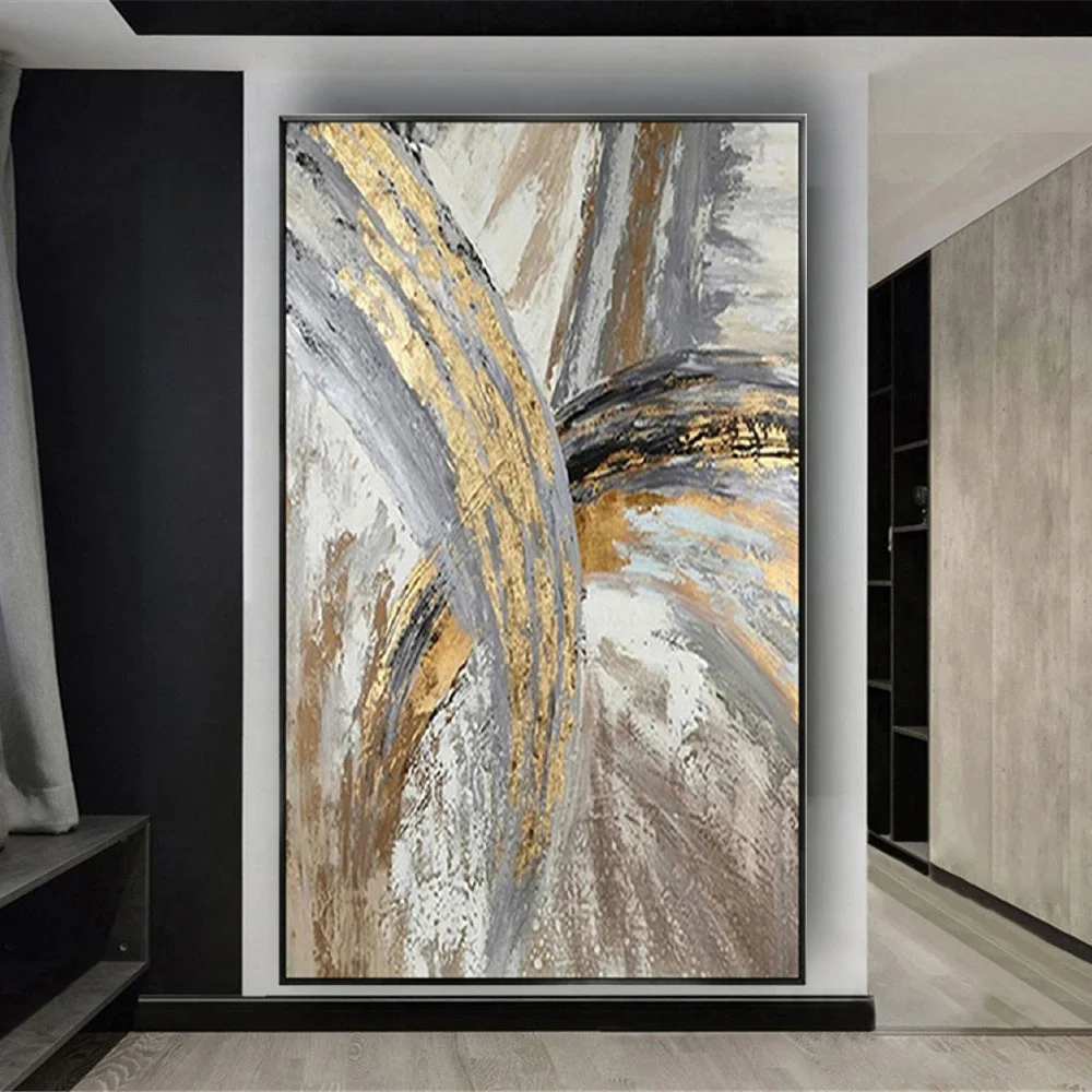 

Gold Foil Line Canvas Art Retro Home Wall Poster 100% Hand-Painted Scraper Oil Painting Golden Picture Decor Living Room Mural