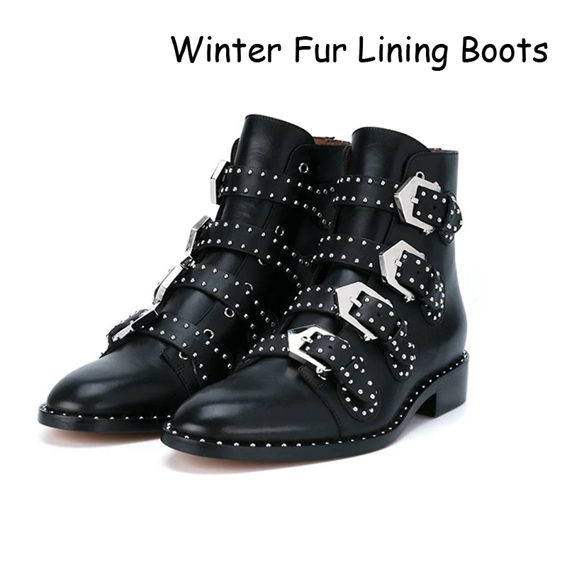 Luxury Brand Silver Buckle Ankle Boots For Women INS Street Style Rivet Women Boots Winter Warm Low Heel Punk Shoes Woman - Цвет: Black Winter boots
