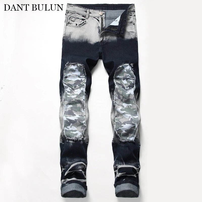 

Mens Jeans Camouflage Embroidery Patches Slim Skinny Fit Jeans Homme Men Vintage Distressed Denim Jeans Streetwear Pants