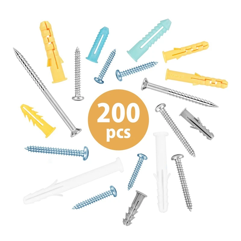 

HLZS-Plastic Self Drilling Drywall Ribbed Anchors Assortment with Screws Kit 200 Piece