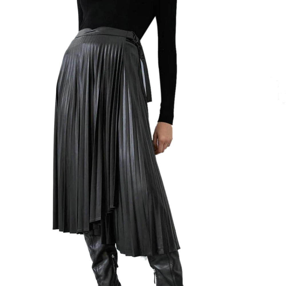 Сексуальные Женские однотонные черные юбки из искусственной кожи, женские вечерние облегающие плиссированные юбки с высокой талией, женские Облегающие юбки до колена, Драпированный Сарафан