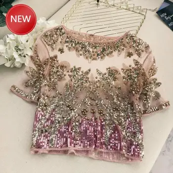 

Tank Top New Fashion Embroidery Beaded Blingbling Short Sleeved T-shirt Women Round Neck Sequin Perspective Elegant Tops