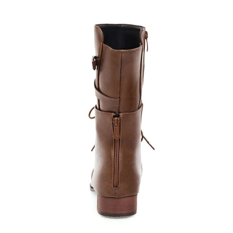 RIZABINA New Mid Calf Boots For Woman Round Toe Side Zipper Low Heels Shoes Fashion Buckle Winter Women Footwear Size 34-43