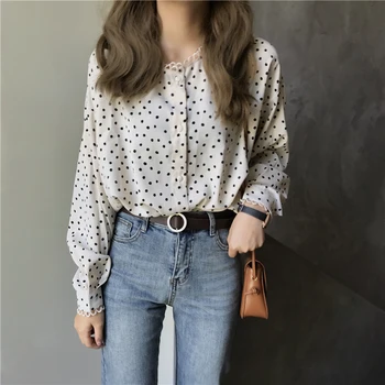 

Polka V-neck Lovely Shirt Sweet Tunic Women's Shirts Kawaii Girl Ulzzang Lady Ulzzang Harajuku Ins Top For Women Casual Cute