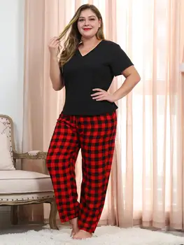 

Plus Size Pajama Set Casual Sleep Wear Black Short Sleeve V Neck T Shirt Loose Plaid Print Wide Leg Pants Night Wear Summer