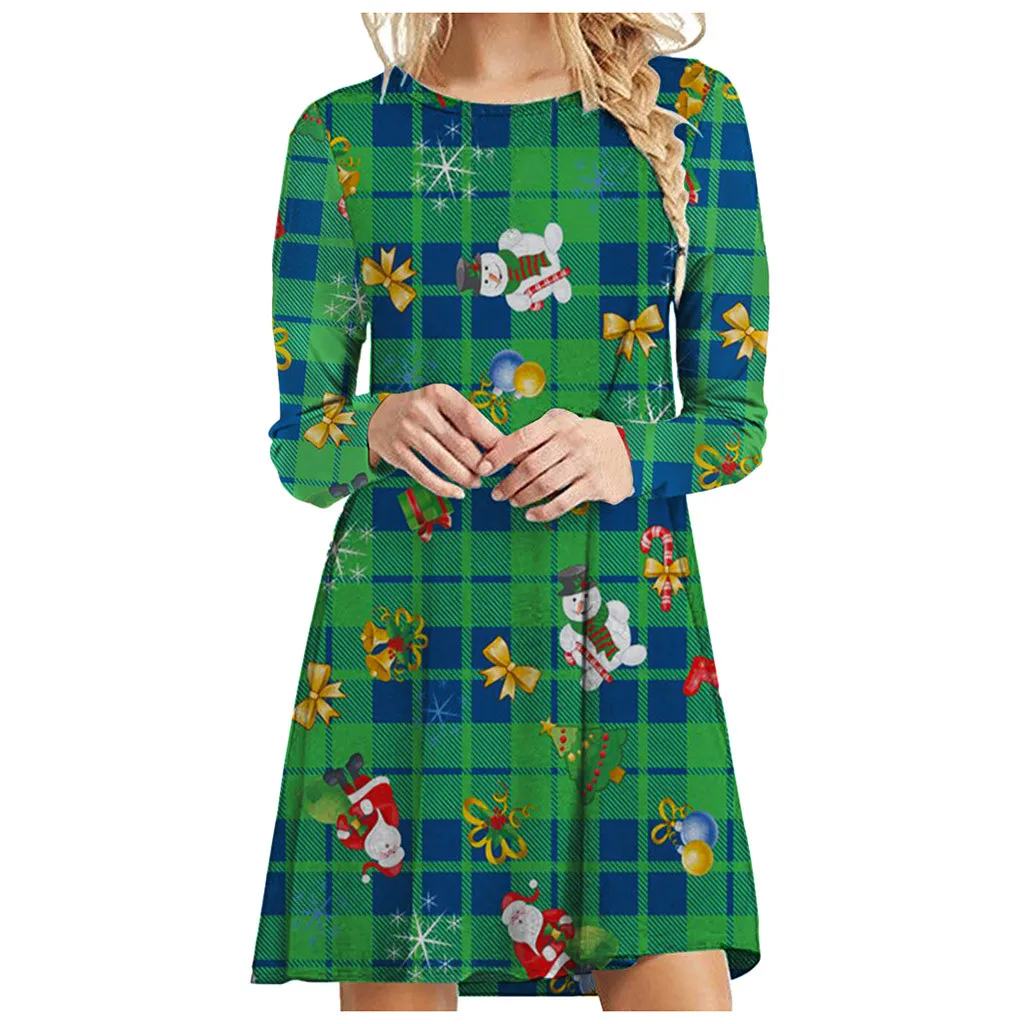 

Christmas Style WoMen Dress Casual O-collar Snowman Gift Box Checker Printed Sundress Lady Long Sleeve Shirt Dresses Robe