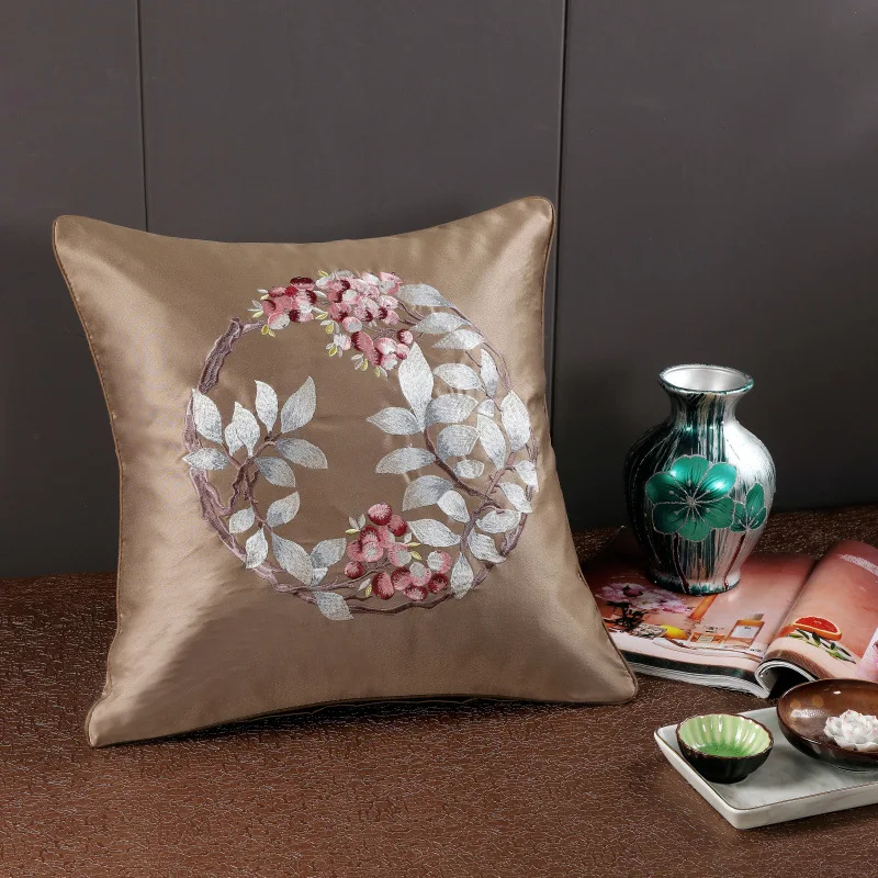 Атлас Вышивка Узор цветы пиона Подушка Cojines Decorativos Para диван Новый год домашние декоративные подушки