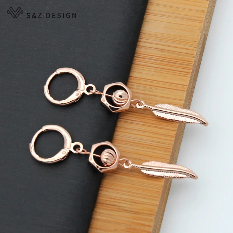 S&Z DESIGN New Fashion 585 Rose Gold Color Feather Dangle Earrings For Women Girl Wedding Party Jewelry