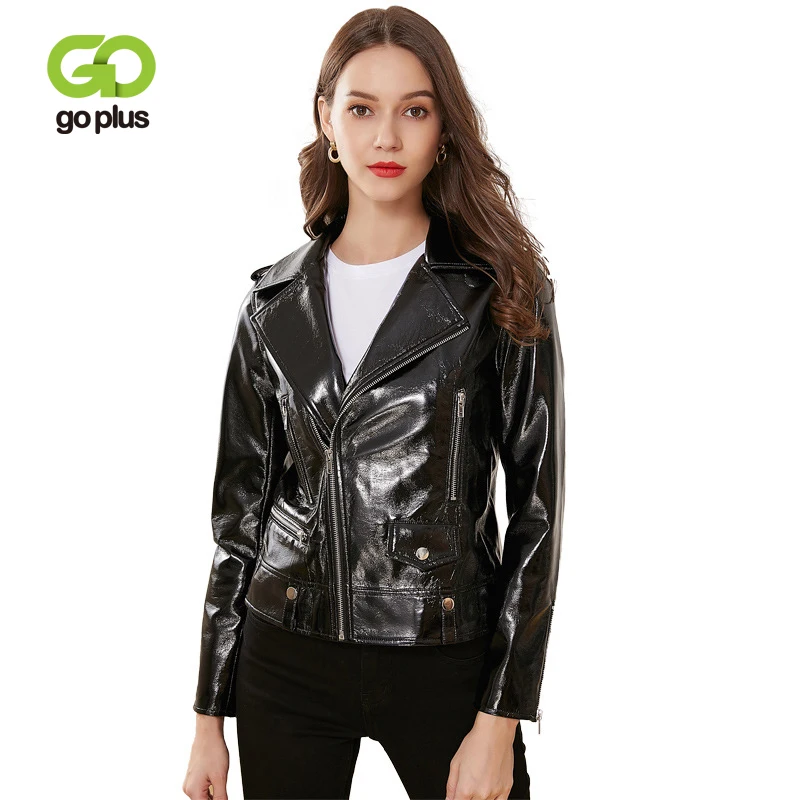 

GOPLUS Women's Jacket Patent Leather Moto Biker Jackets Turn Down Collar Short Black Coats Kurtka Ramoneska Veste En Cuir C9529