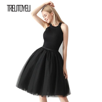 

Treutoyeu Design Gothic Black Mesh Skirt Cocktail Party 6 Layers High Waist Midi Pleated Tutu Tulle Skirts Womens Jupe Sexy