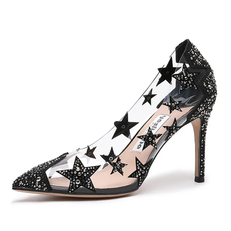 

2020 spring and autumn new stars rhinestone women's high heels breathable thin heel sexy pointed TPU transparent shoes