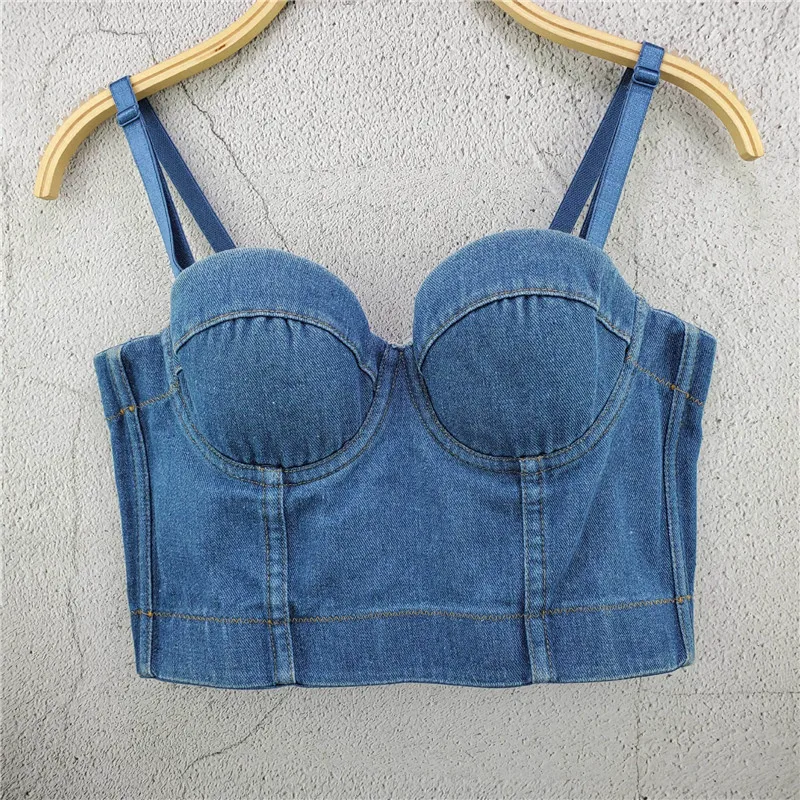 2020 New Women Denim Caims Bustier Bra Cropped Top Sexy Vest Diamond Push Up Crop Top Tank Women Clothes Adjustable