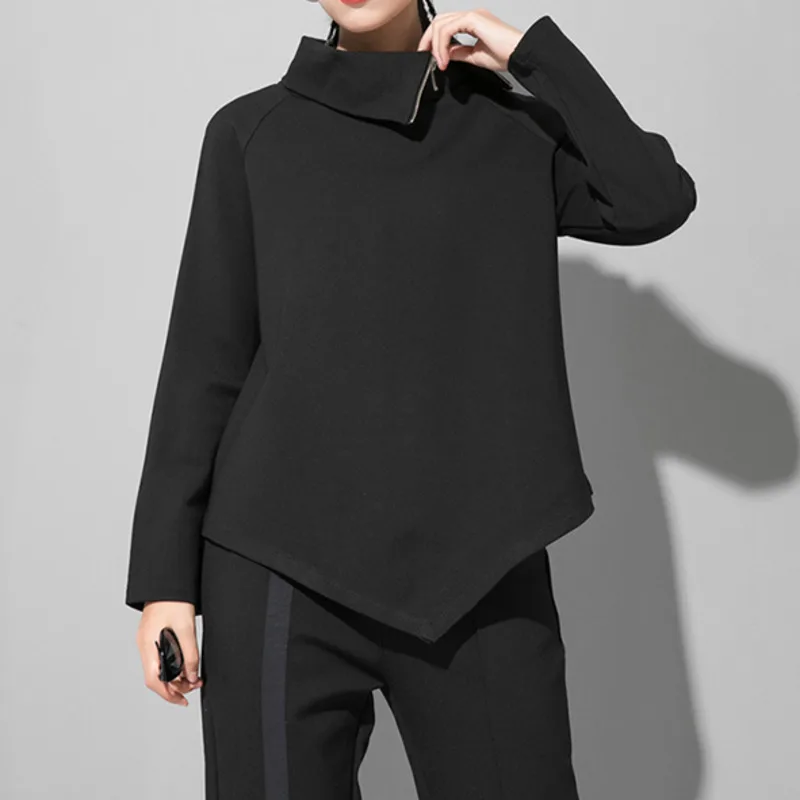 

XUXI Spring Autumn 2020 Simple Black Women Zipper Asymmetric Union T-Shirt NEW Turtle Collar Long Sleeve Fashion Tide FZ0868