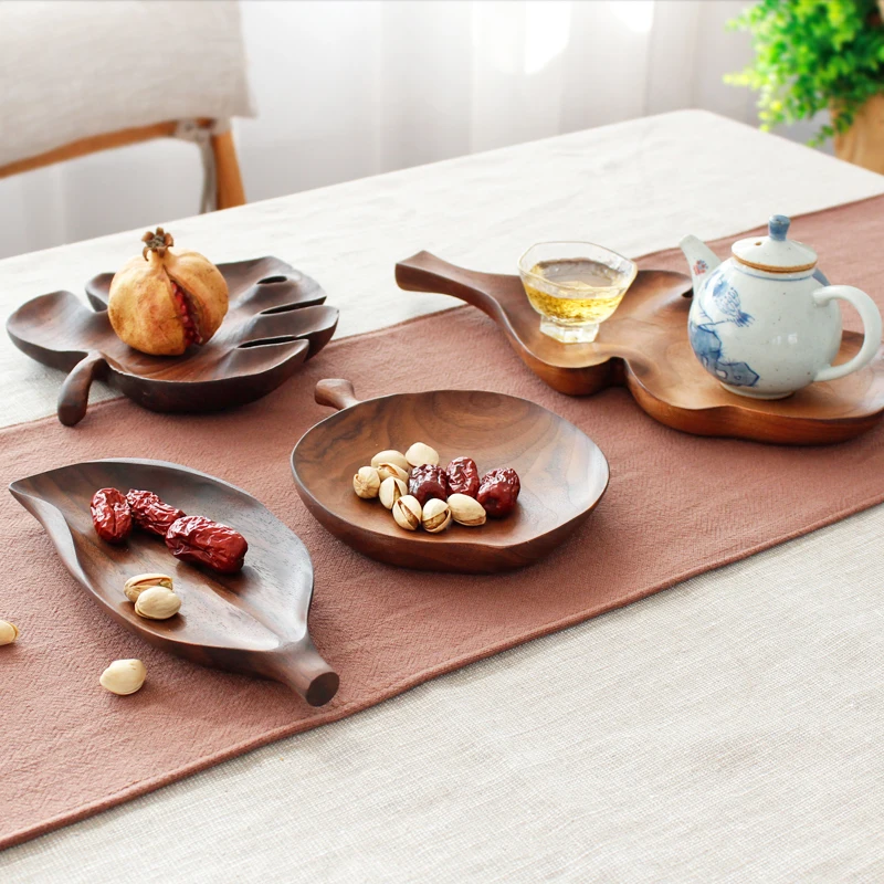 Wooden Plate Black Walnut Leaf shape Wood Tray Solid Color Pattern Hotel Restaurant Cafe Household Kitchen tableware | Дом и сад