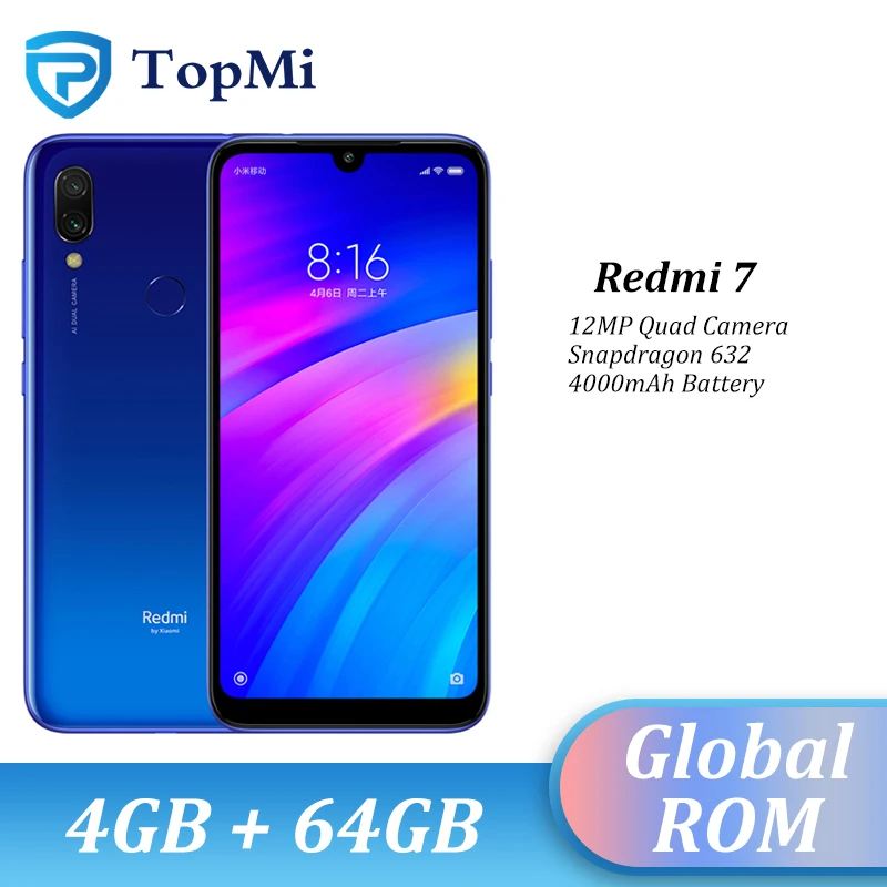 Оригинальный смартфон Xiaom Redmi 7 с глобальной прошивкой 4 Гб ОЗУ 64 ПЗУ 4000 мА/ч Spnadragon