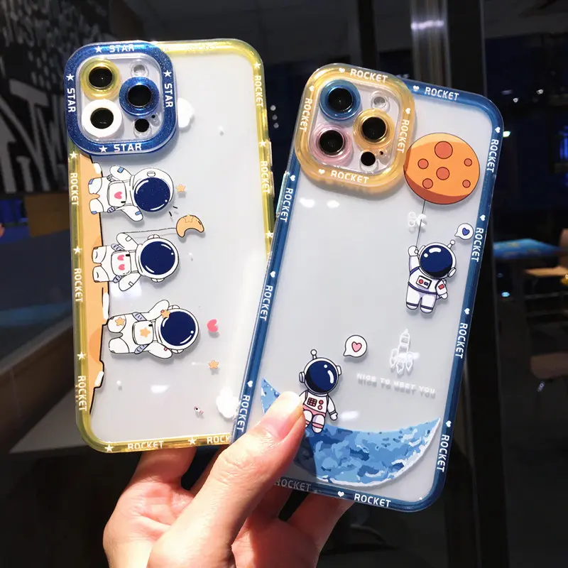 Cute Cartoon Astronaut Phone Case For iPhone 13 12 11 Pro Max XR XS Max 7 8 Plus 11 13 Pro Soft Cute Lens Protection Back Cover