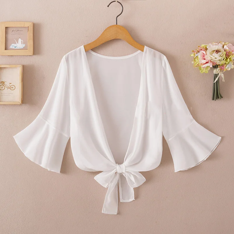 Summer Blouses For Women 2020 Woman V Neck Tie Waist Blouse Shirt Chiffon Black Ruffle Sleeve Top Lace Beach Blouse Cover Up 2