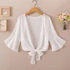 Summer Blouses For Women 2020 Woman V Neck Tie Waist Blouse Shirt Chiffon Black Ruffle Sleeve Top Lace Beach Blouse Cover Up 2