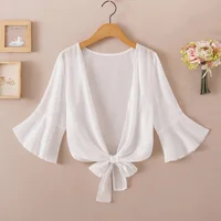 Summer Blouses For Women 2020 Woman V Neck Tie Waist Blouse Shirt Chiffon Black Ruffle Sleeve Top Lace Beach Blouse Cover Up 2