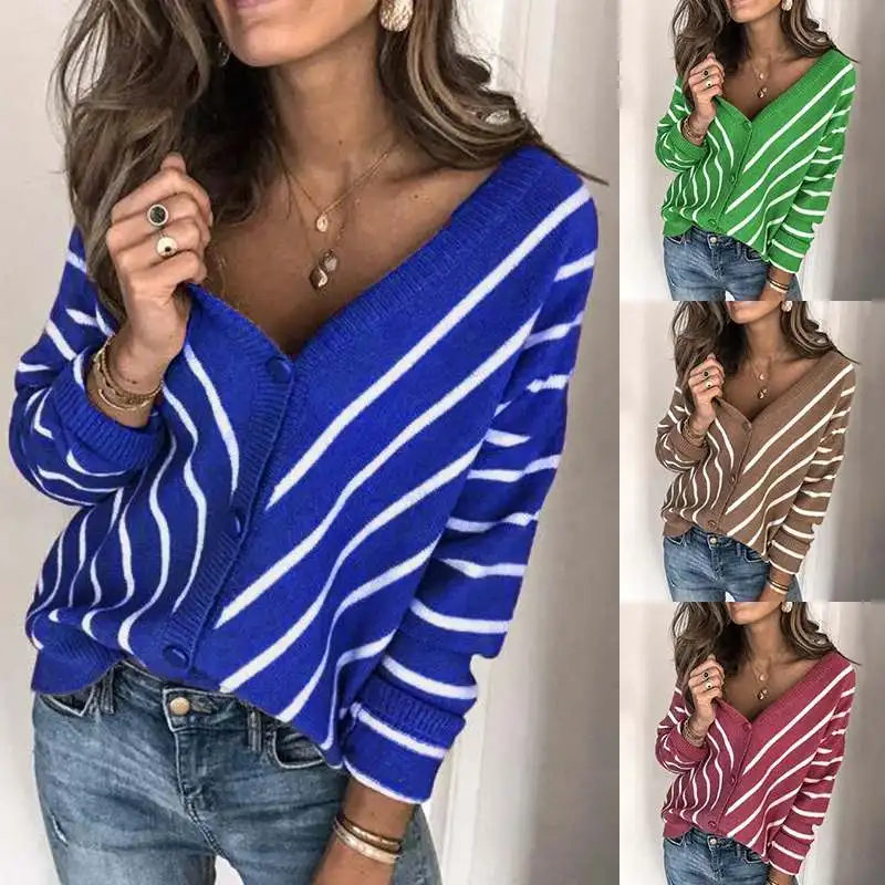 Женские свитера в полоску, ZANZEA, новинка, кардиганы, топы, осенняя трикотажная туника на пуговицах, женские блузы с v-образным вырезом, большие размеры