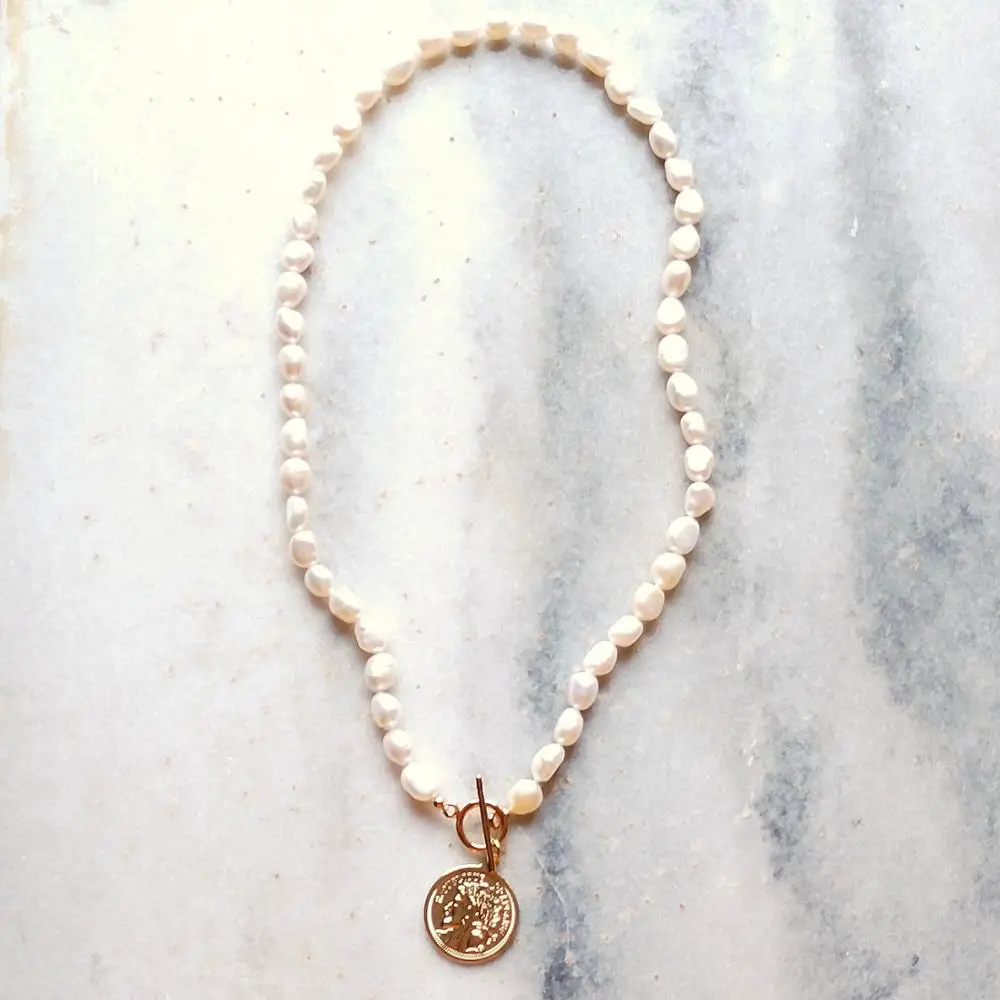 White Baroque Pearl Necklace Gold Color 