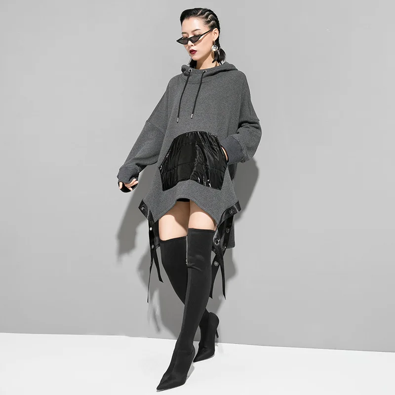 Korean Style Women Winter Gray Hoodie Pullover Hooded Sweatshirt Tape Front Pocket Ladies Unique Plus Size Sweatshirt J209