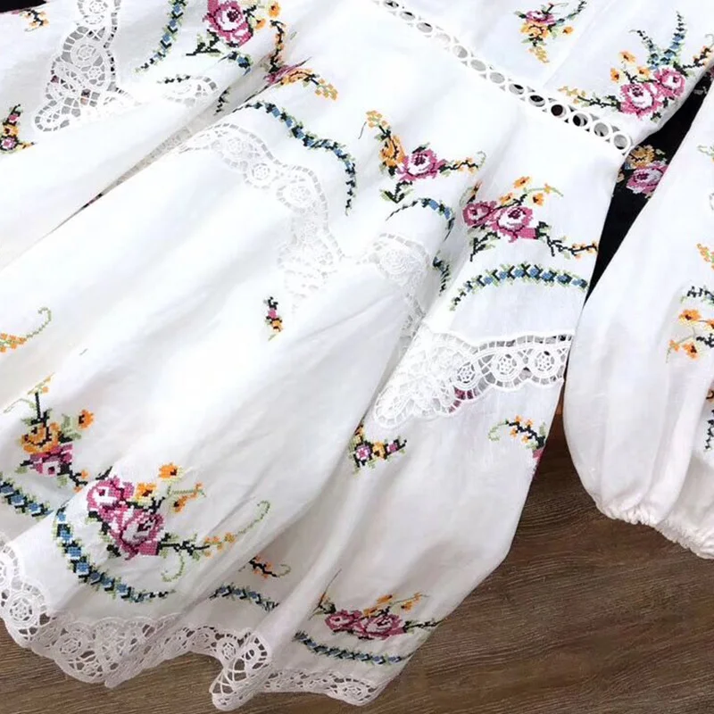 Осенняя мода новое женское платье-фонарик с длинным рукавом вышитое мягкое полое мини тонкое элегантное праздничное платье