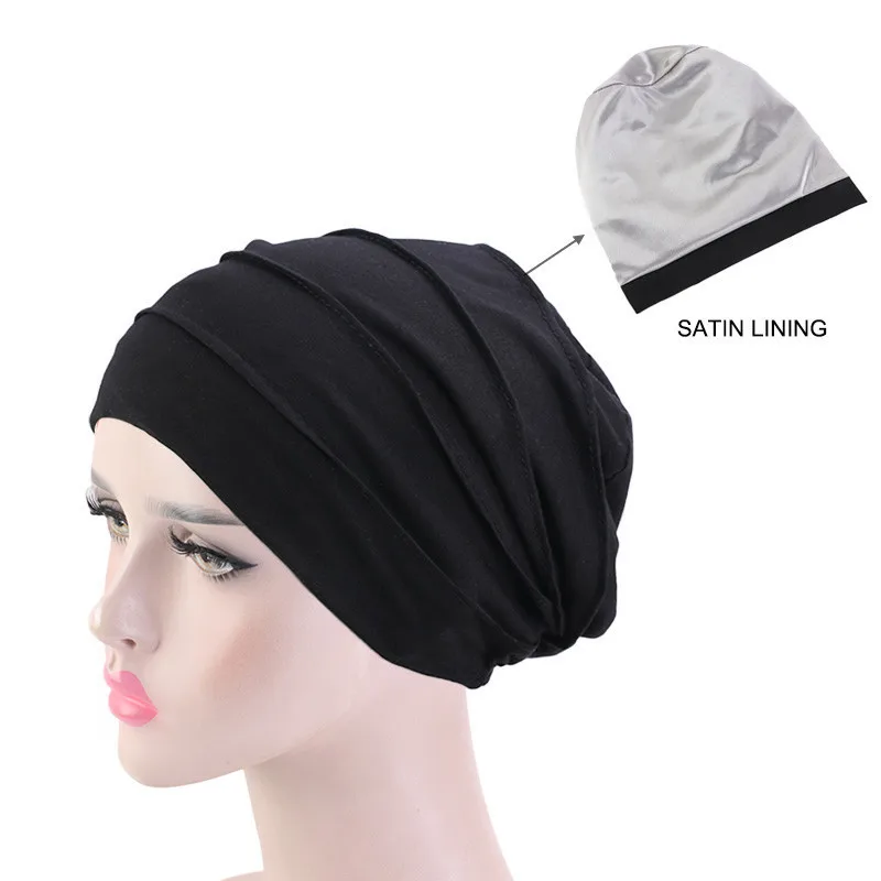 head wrap for women Helisopus New Double Layer Satin Lined Chemo Cap Muslim Women Night Stretch Sleep Cotton Cancer Hair Loss Bonnet Hat Accessories bride headband