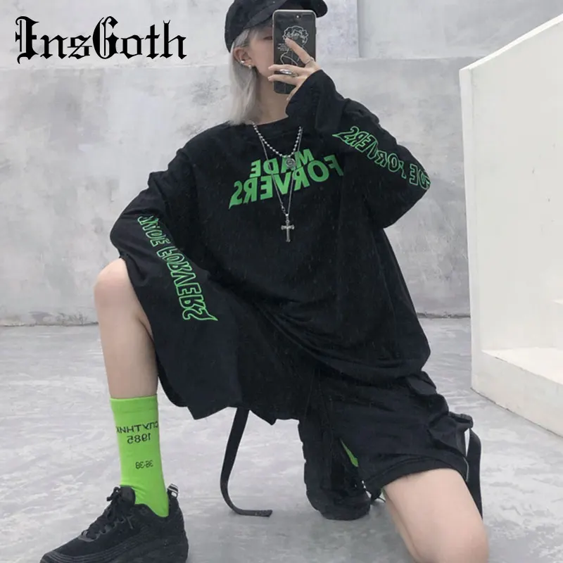 InsGoth уличная Панк Черная Женская футболка с длинными рукавами Harajuku свободная футболка с круглым вырезом и буквенным принтом женский модный топ в стиле хип-хоп
