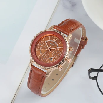 

Luxury Diamond Three-eyes Womens Watch Fashion Calendar Leather Quartz Waterproof Wrist Watches Ladies Gift mujer zegarek damski