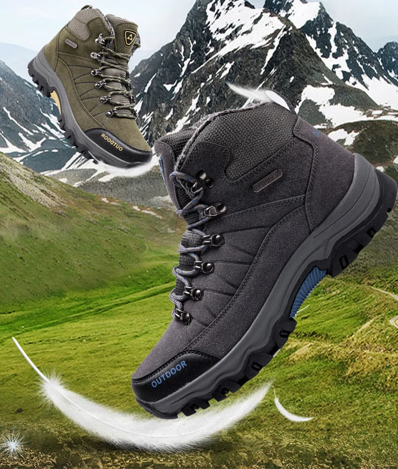 Classic Men Winter Boots Thick Plush Warm Man Snow Boots Suede Leather Men Ankle Boots Outdoor Non-slip Male Basic Work Shoes