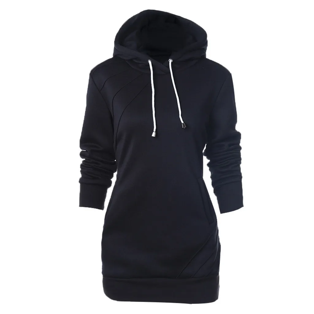 

JAYCOSIN Ladies Long Sleeve Hooded Sweatshirt Pullover Women Solid Medium Length Hoodie Solid Color Drawstring Hooded Sweatshirt