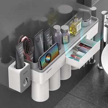 

Magnetic Adsorption Toothbrush Holder Toothpaste Dispenser Wall Mounted Storage Box Multifunction Bathroom Accessories Set