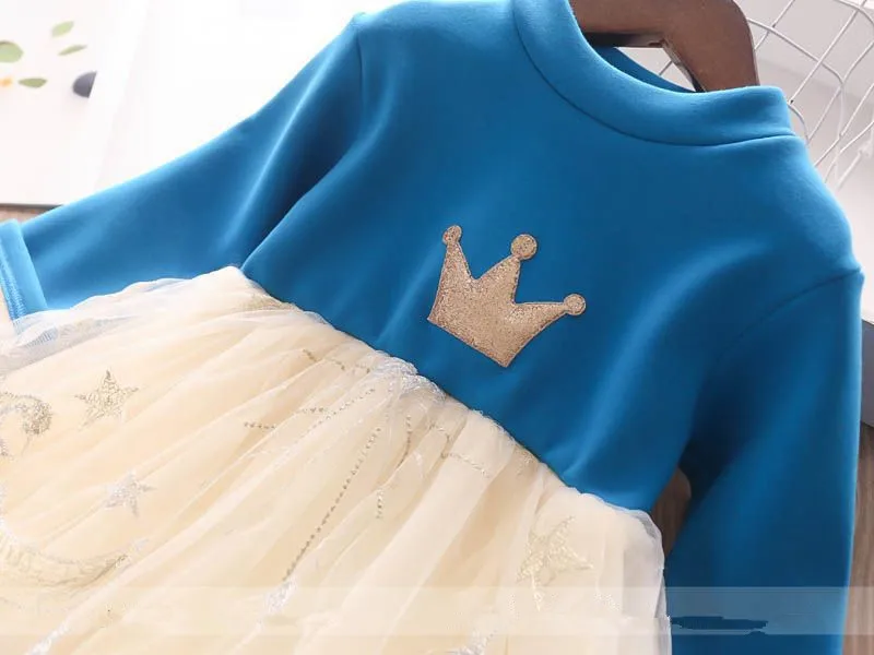 Child Kids Crown Fleece Lining Patchwork Tulle Clothing Blue Black Color Princess Western Party Tutu Lovely Girls Dresses