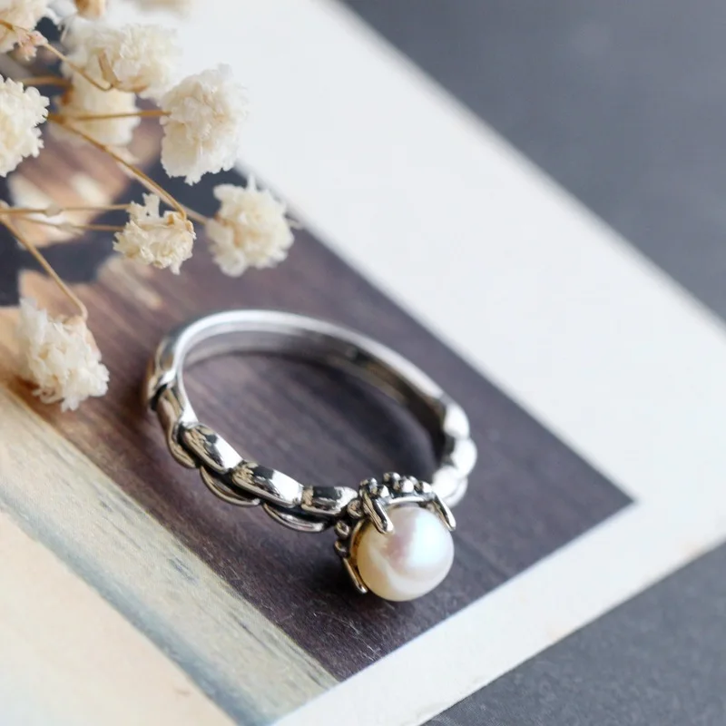 Hand-set natural pearl Thai silver ladies ring vintage opening 925 sterling silver ring