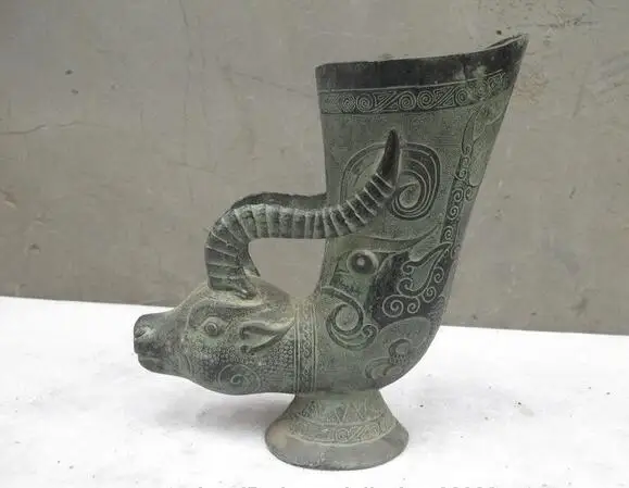 Chinese Folk Classical Bronze Carved Ox horn Beast Wine cup statue 