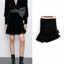 Модная женская сексуальная бархатная юбка, необычная черная на молнии, с оборками, тонкая, высокая талия, Женская Клубная праздничная одежда, шикарные мини юбки для женщин