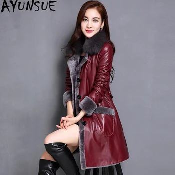 

AYUNSUE 2020 Winter Genuine Leather Jacket Women Long Sheepskin Coat Natural Wool Fur Shearling Jacket Fox Fur Collar 3906