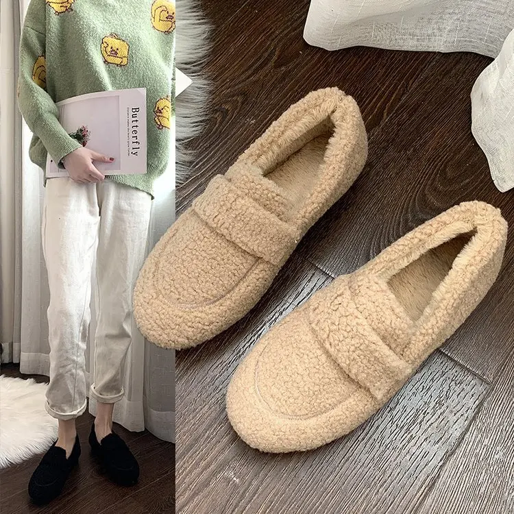 

Fluffy Shoes Women's Winter Outer Wear 2019 New Style Cotton-padded Shoes Versatile Flat Slip-on plus Velvet Lazy Autumn And Win