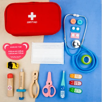

15pcs Kids Cosplay Medical Kit Wooden First Aid Kit Equipment Doctor Kit Pretend Play Doctor Set For Children's Gift High Qualit