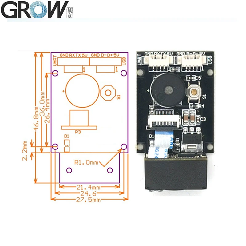 GROW GM77 640*480CMOS DC5V USB UART Interface 1D 2D Bar Code Qr Code Scanner Module Reader Passport Readble