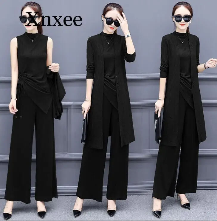 Knitted 3 Pieces Set Women Tracksuit Long Sleeve Cardigan Pullover Tops  Wide Leg Pants Suit Women's Sets Brown Office Elegant