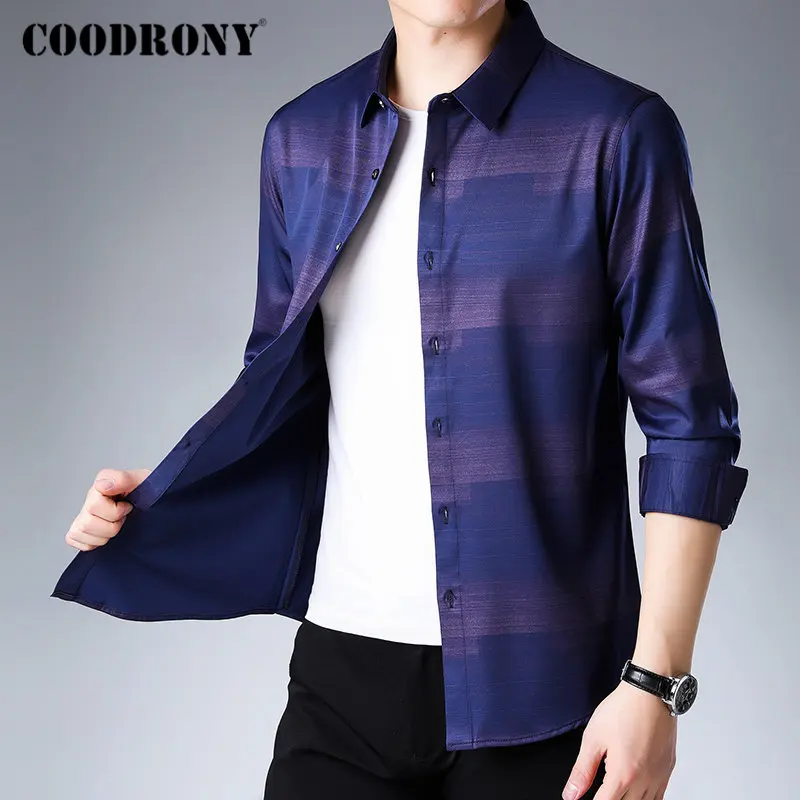 COODRONY Брендовые мужские рубашки с длинным рукавом, Хлопковая мужская рубашка, Осень-зима, мужские повседневные рубашки, уличная полосатая рубашка Masculina 96066