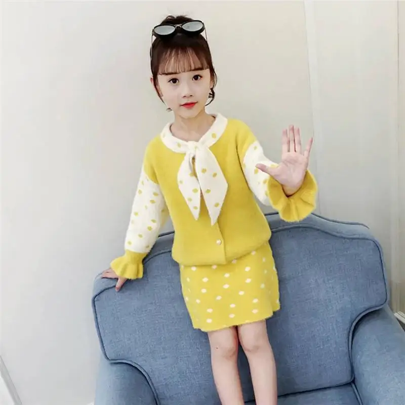 Новинка года, осенне-зимний костюм с юбкой для маленьких девочек Детский свитер с принтом и юбка с высокой талией, комплект для девочек, милая одежда, K132 - Цвет: yellow 02
