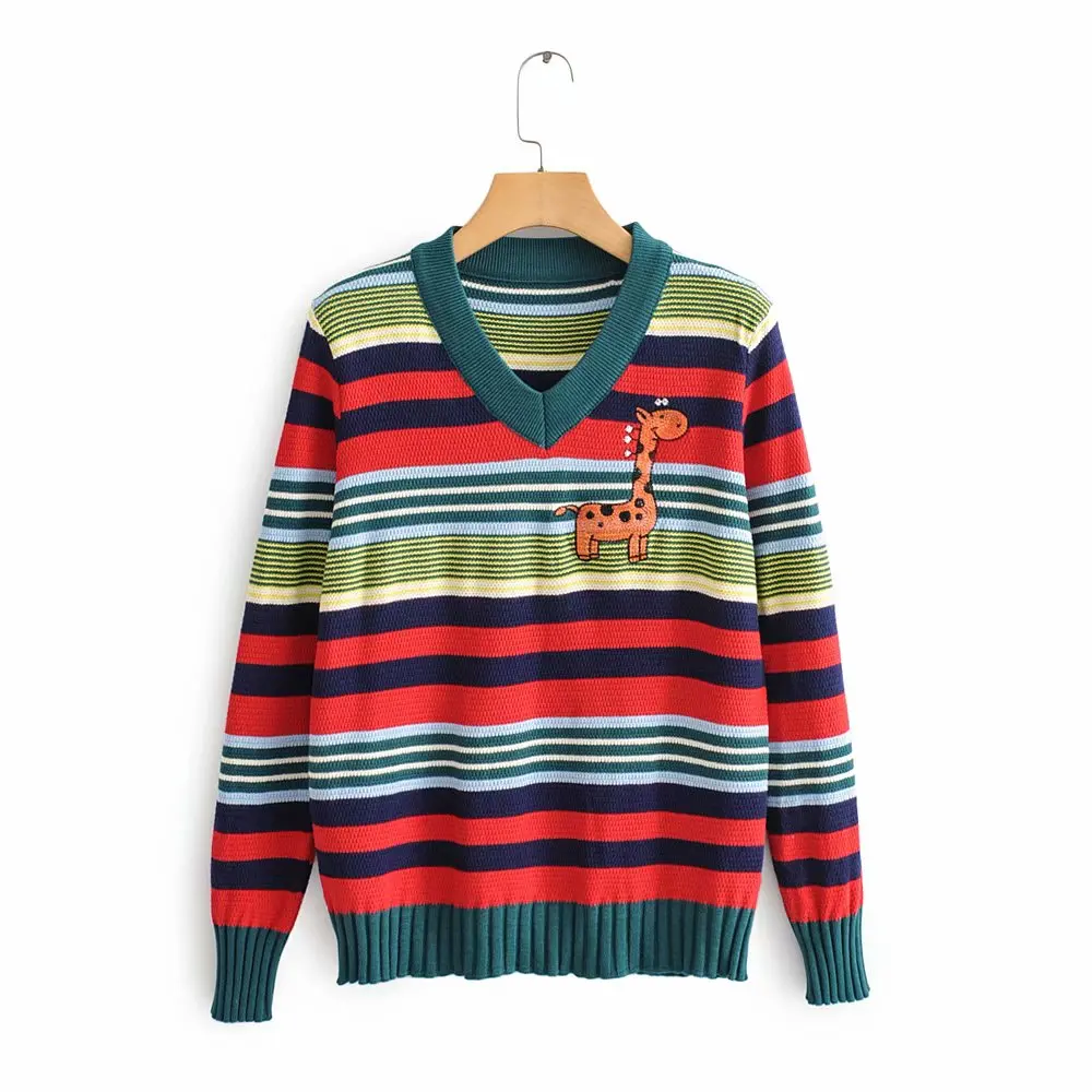 

2019 Winter Christmas Sweater Women Pull Femme V Neck Striped cartoon pattern Knitted Pullover Casual jersey women's sweater