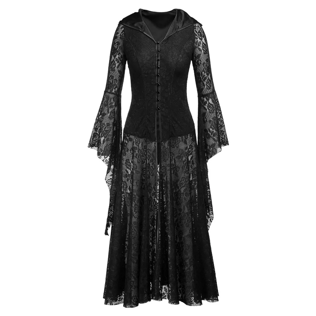 Платье для Хэллоуина, женские вечерние платья с кружевами на молнии, готическое платье с длинными рукавами, длинное черное платье макси, jurken zomer vestidos