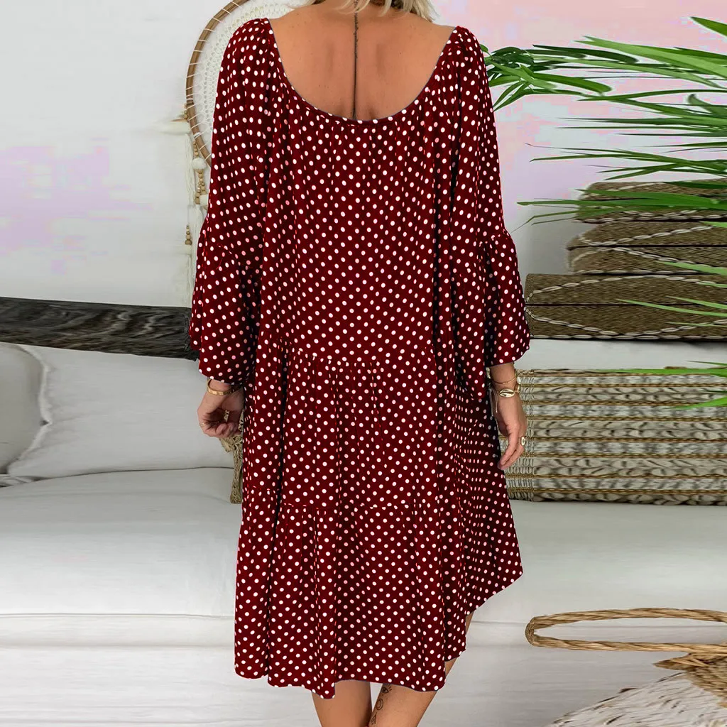 Boho женское платье, женское свободное платье в горошек, рукав три четверти, мини платье, летнее платье, v-образный вырез, вечерние, Клубная туника, Пляжное Платье# G7