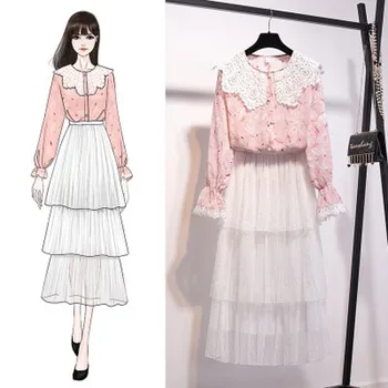 

2020 spring women Two Piece Set Printed O-Neck long Sleeve shirts + Elastic High Waist Mesh Cake Skirt 2PCS Set Clothes Suit