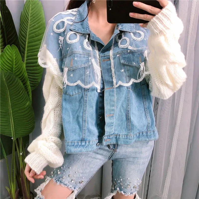WHITNEY WANG Осенняя модная уличная дизайнерская стильная вязаная джинсовая куртка с перьями и кисточками женские изысканные джинсы пальто
