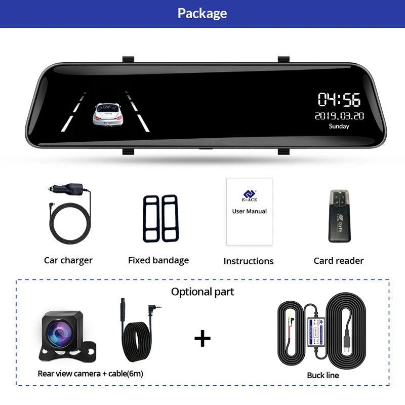 E ACE A39 12 дюймов Автомобильный видеорегистратор с сенсорным экраном FHD 1080P Stream Media